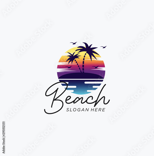Beach island landscape logo .  Beach logo design holiday palm design Vector Stock Illustration. Beach Logo Outdoor Summer Travel Sun Icon Creativity . Summer landscape palm tree beach Logo Emblem .