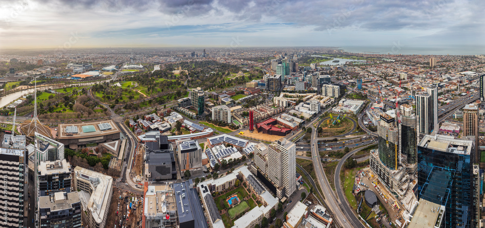 Panoramic view of Melbourne from 108 Southbank Boulevard; view encompasses the MCG, AAMI stadium round to Port Phillip Bay
