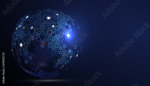 Multicolored Earth composed of colorful particles and hexagon, vector illustration.