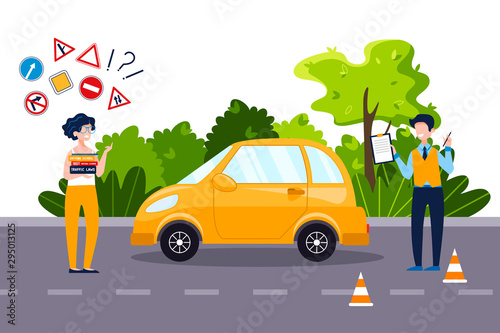 An annoyed woman who holds driving textbooks is trying to remember traffic signs. Driving school concept, driver's license, traffic rules. Vector flat illustration Natural landscape in the background.