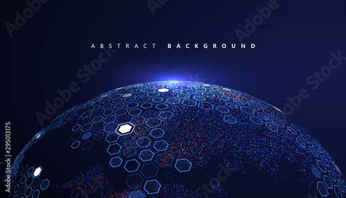 Multicolored Earth composed of colorful particles and hexagon, vector illustration.