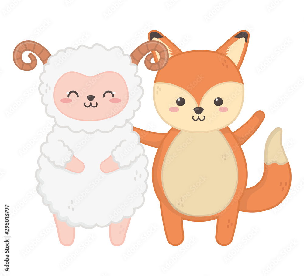 Fototapeta premium cute fox and sheep animals standing