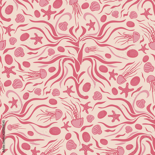 Monochrome underwater seamless vector pattern with posidonia sea grass, starfish, and jelly fish. Surface pattern design for fabric, wallpaper, scrapbooking projects, backgrounds.