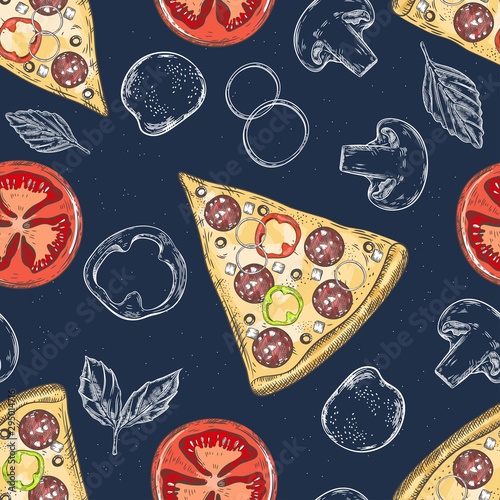 Seamless patten with pizza, vegetables and cheese.