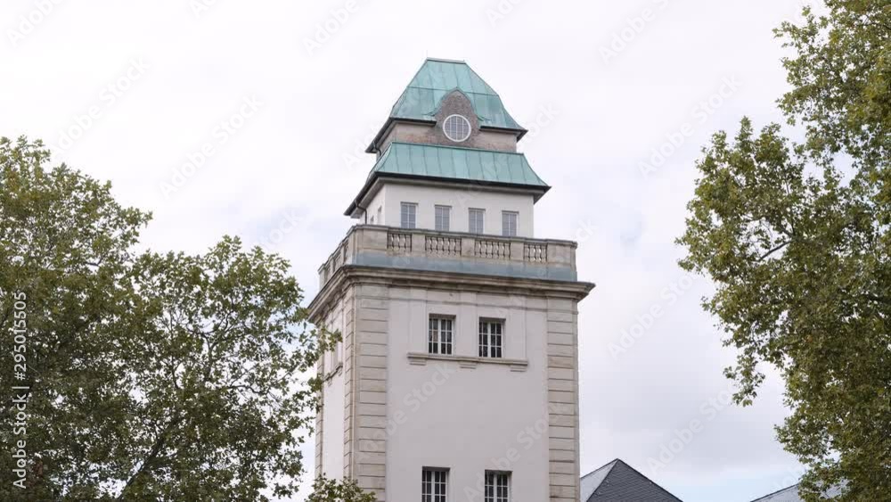 Jugendstilbad Tower, thermal swimming pool in Darmstadt, Germany with clear sky as background Jugendstilbad Tower, thermal swimming pool in Darmstadt, Germany with clear sky as background