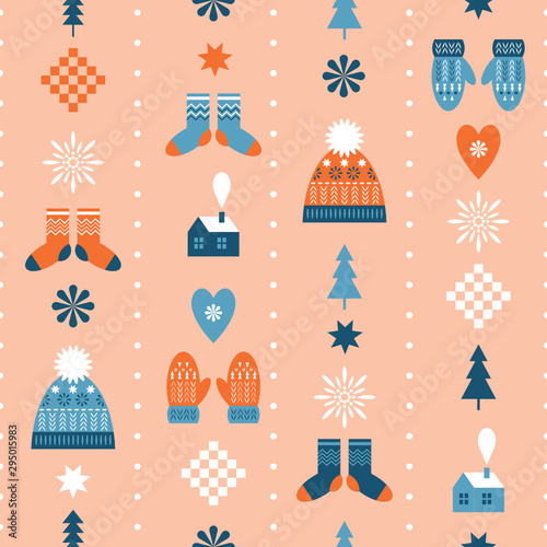 seamless christmas background, winter knitted hats, mittens and socks