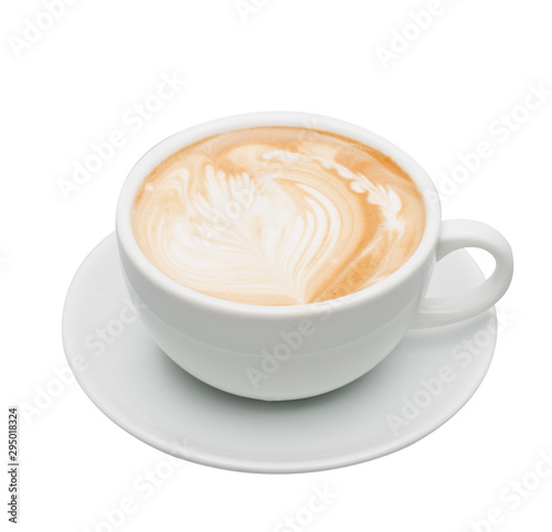 Hot coffee topped with a art milk in white glass on a white background with clipping path.