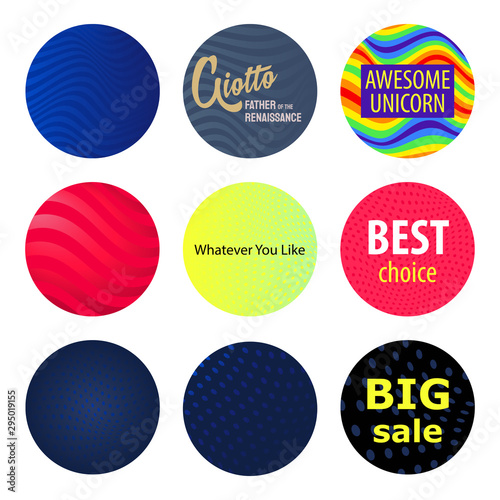 Round badges with distorted polka dot and wave pattern.