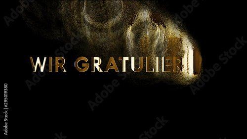 Goldener Text Wir Gratulieren verweht im goldenen Sand. 4k video animation. photo