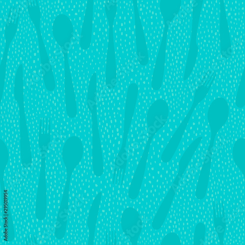 Seamless background of disorganized forks, knives and spoons. Irregular dots background. Easy to edit colors in Illustrator.