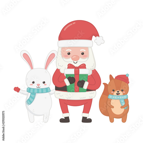 cute santa rabbit and squirrel with gift merry christmas © Stockgiu