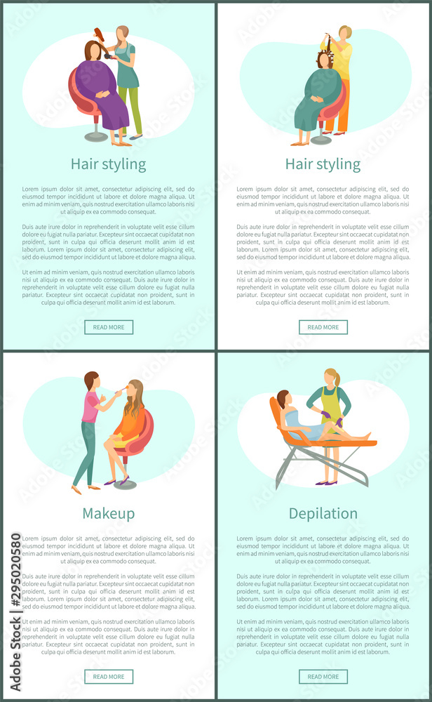 Hair styling stylists and visagiste working with clients. Set of posters set vector depilation wax epilation, hair removal on legs. Haircut and hairdo