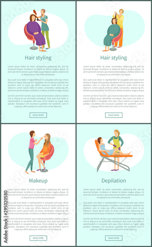 Hair styling stylists and visagiste working with clients. Set of posters set vector depilation wax epilation, hair removal on legs. Haircut and hairdo