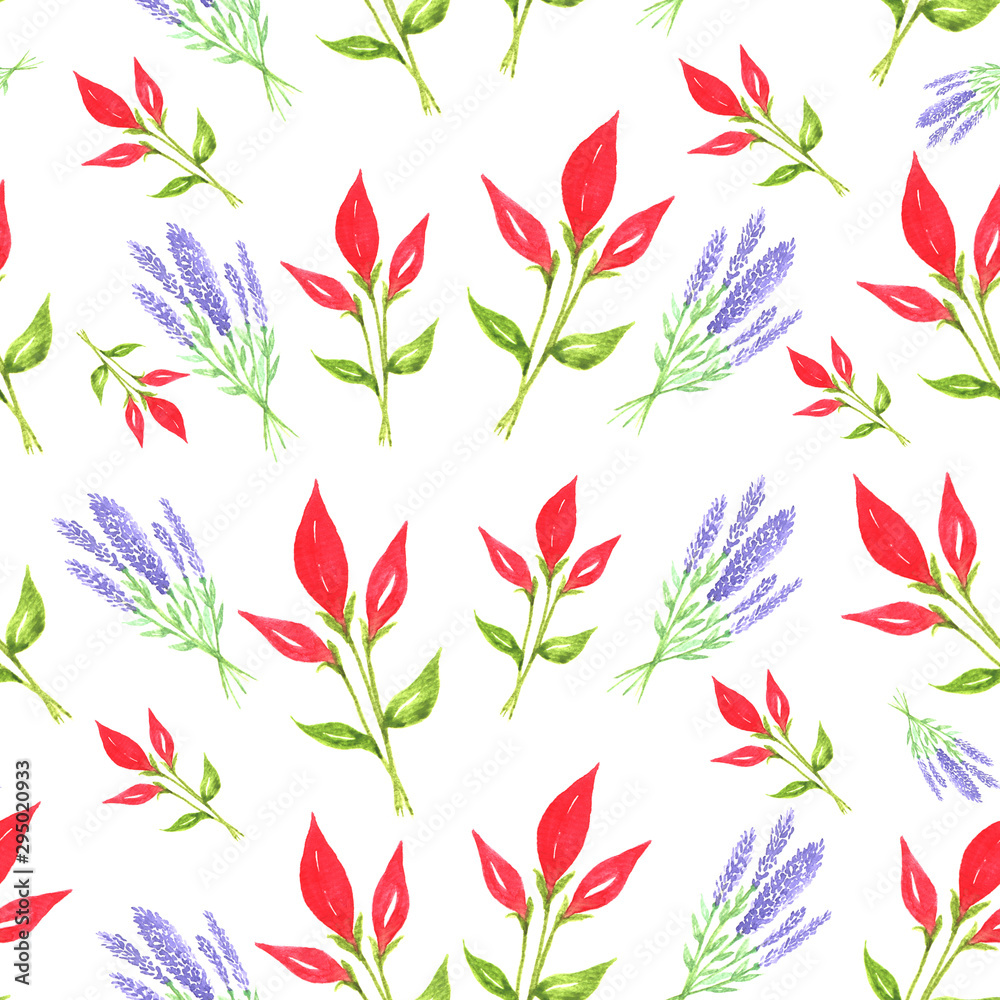 Seamless pattern with red and purple flowers, floral pattern, watercolor flowers Seamless pattern with red and purple flowers, floral pattern, watercolor flowers