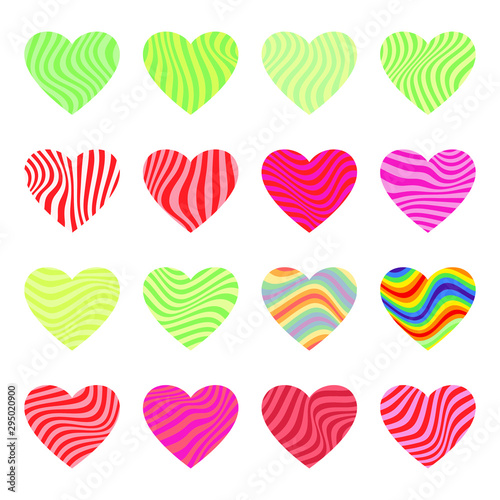 Set of vector hearts with wave pattern. Easy to edit colors.