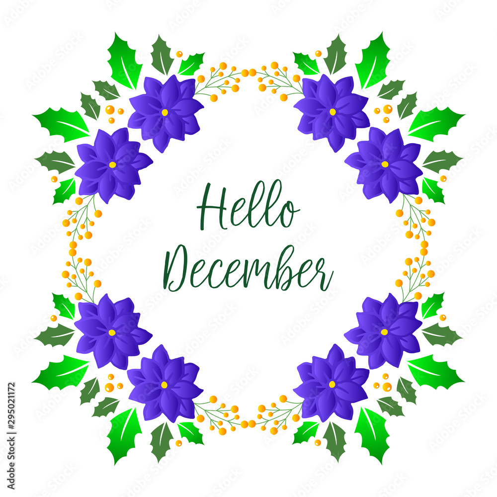Hand drawn lettering hello december, with bright purple flower frame. Vector Hand drawn lettering hello december, with bright purple flower frame. Vector
