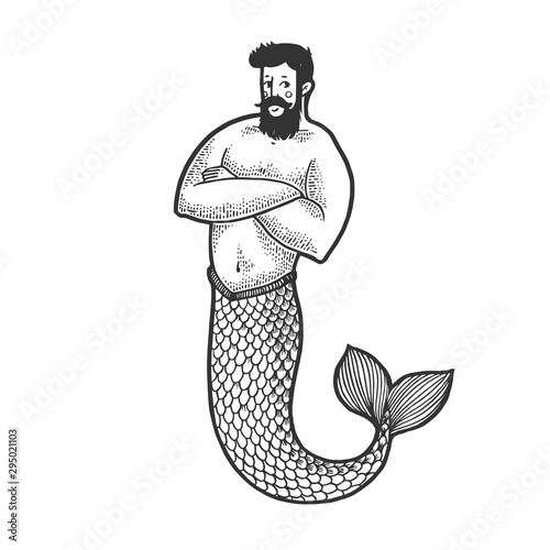 Mermaid fabulous hipster man creature sketch engraving vector illustration. T-shirt apparel print design. Scratch board style imitation. Black and white hand drawn image.