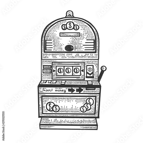 Slot machine gambling device sketch engraving vector illustration. Casino object. Scratch board imitation. Black and white hand drawn image.