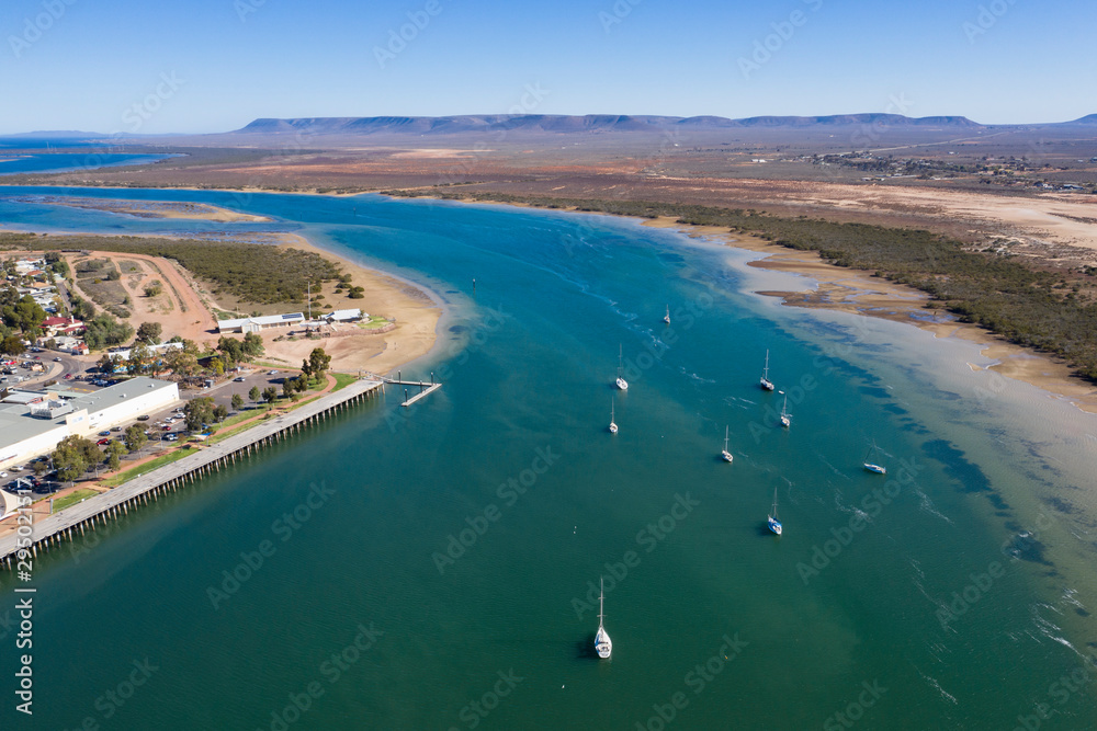 Aerial view of boats in the harbor at Port Augusta in South Australia
