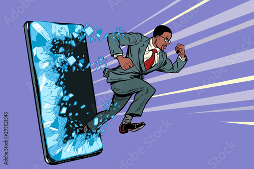 african businessman punches the screen Phone gadget smartphone. Online Internet application service program