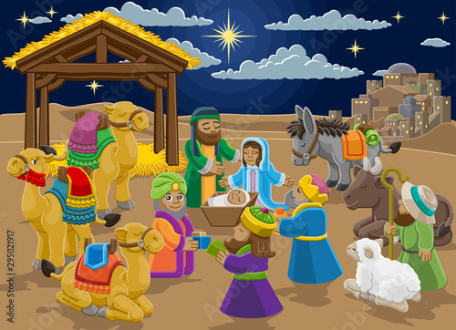A Christmas nativity scene cartoon, with baby Jesus, Mary and Joseph in the manger with three wise men, shepherd and donkey and other animals. Christian religious illustration.