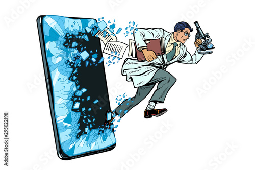 a male scientist with a microscope. Phone gadget smartphone. Online Internet application service program