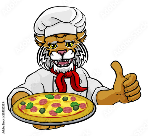 A wildcat chef mascot cartoon character holding a pizza peeking round a sign and giving a thumbs up
