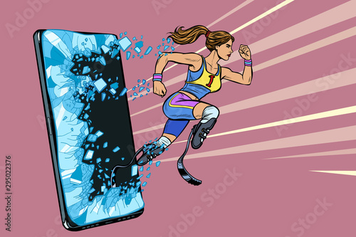 woman runner disabled leg with prosthesis Phone gadget smartphone. Online Internet application service program