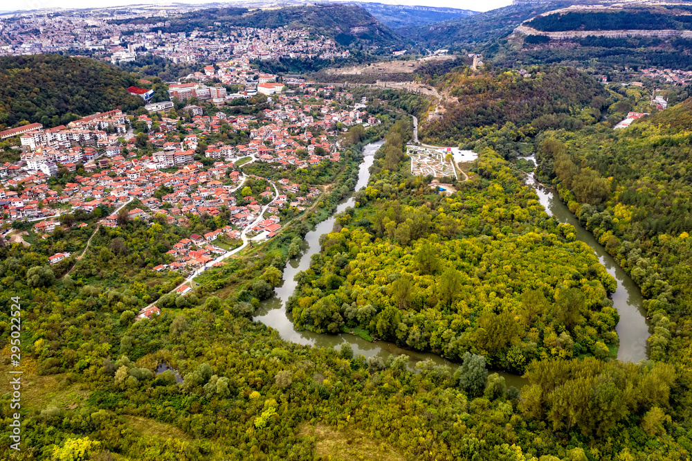 Aerial view of the city Veliko Tarnovo and curve of river Yantra, Bulgaria