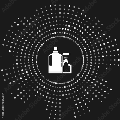 White Plastic bottles for liquid laundry detergent, bleach, dishwashing liquid or another cleaning agent icon isolated on grey background. Abstract circle random dots. Vector Illustration