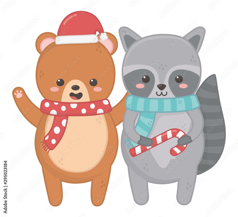 Fototapeta premium cute bear and raccoon with candy cane and scarf merry christmas