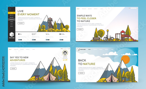 Set of web page design templates with nature landscape geometric style illustration. Modern vector illustration concepts for website and mobile website development.
