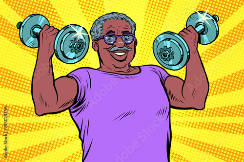 elderly african man lifts dumbbells, fitness sport
