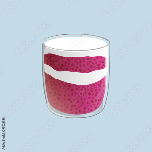 Chia seed pudding. Healthy vegan snack in glass. Vector illstration isolated on blue background.