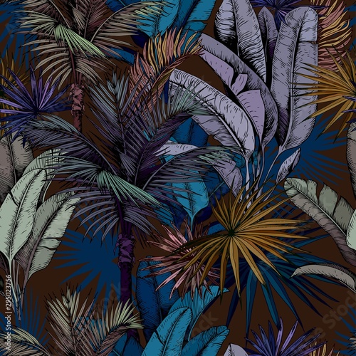 Seamless pattern with colorful tropical leaves on dark blue background. Hand drawn vector illustration.