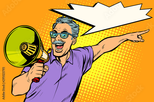 an elderly man with a megaphone