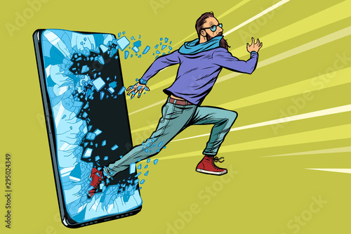 hipster man running Phone gadget smartphone. Online Internet application service program