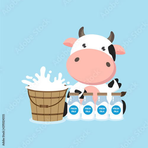 Little cow with milk bucket and milks.