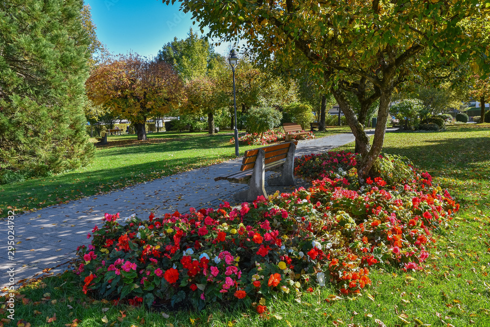 Begonien Blumenbeet im Kurpark Rottach-Egern am Tegernsee, Parkweg und Bank