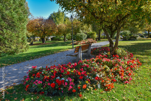 Begonien Blumenbeet im Kurpark Rottach-Egern am Tegernsee, Parkweg und Bank