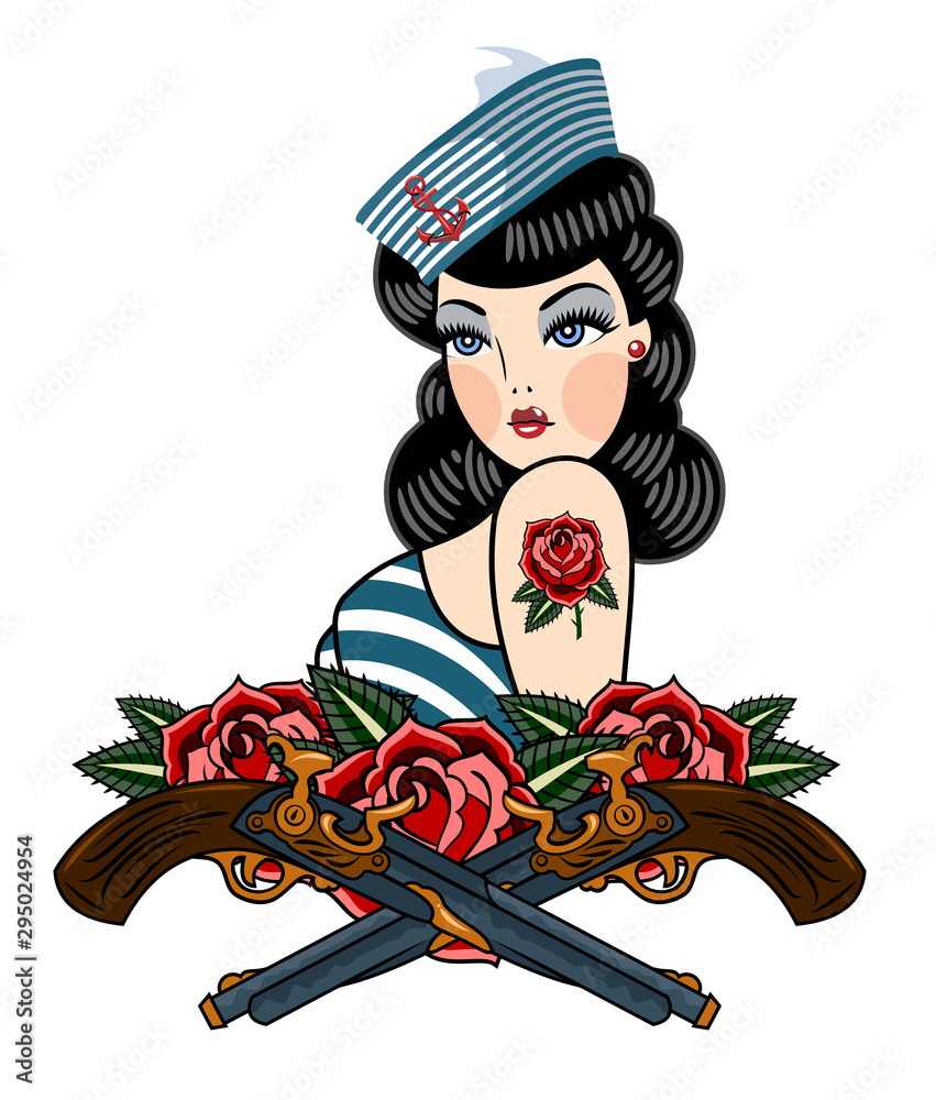 Portrait of Sailors, cute pin-up girl in old school style Stock Vector |  Adobe Stock