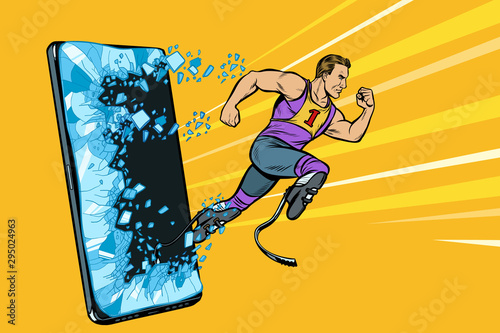 legless male athlete running with a prosthetic Phone gadget smartphone. Online Internet application service program