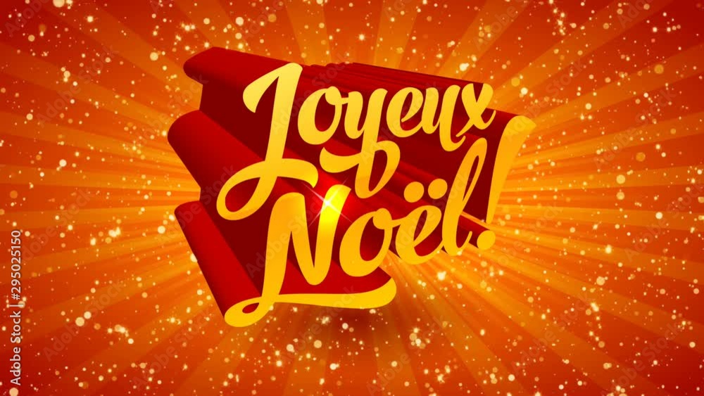 Merry Christmas in french language golden calligraphy looped 3D animation on bright background with snow