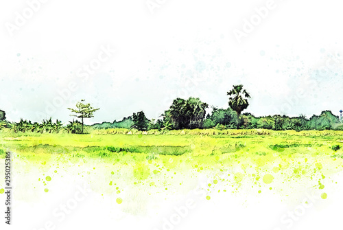 Abstract colorful shape on tree and field landscape in Thailand on watercolor illustration painting background.