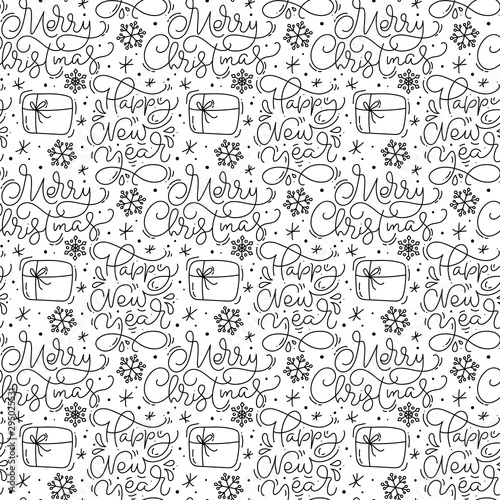 Christmas seamless Pattern with Merry Christmas calligraphy. Winter Snowflake vector monoline and gift. cute snowflakes repeat wallpaper. Nice element for banner  wrapping