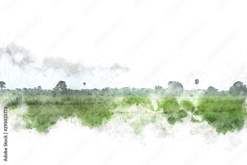 Obraz Streszczenie kolorowe drzewo pole i krajobraz na tle malarstwa akwarela ilustracja