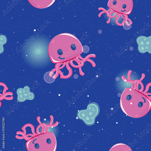 Pattern seamless jelly fish with deep blue sea background.