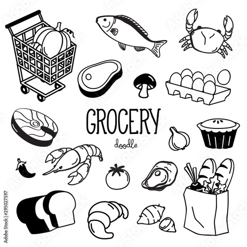 Hand drawing styles with grocery item. Doodle Grocery.