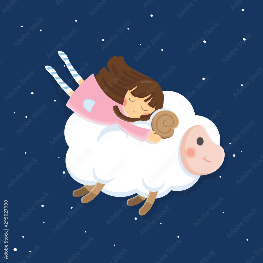 Cute character vector illustration. Girl with sheep on dark sky background.