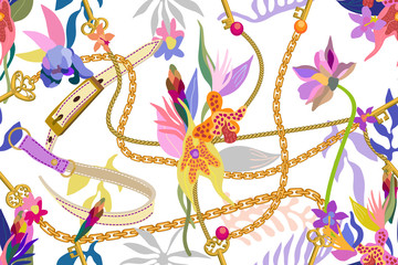 Foto auf Acrylglas Blumen- und Juwelenmuster Nahtloses Vektormuster mit tropischen Pflanzen.  © svetlanakononov7